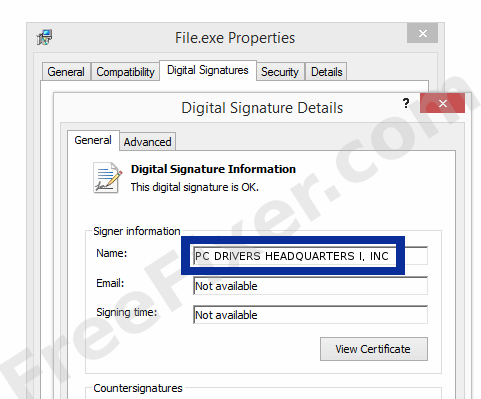 Screenshot of the PC DRIVERS HEADQUARTERS I, INC certificate